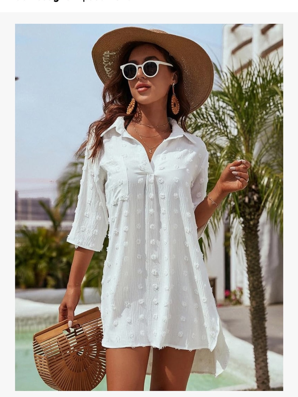 Swim Cover-Up White Textured Button-Front Shirt Dress